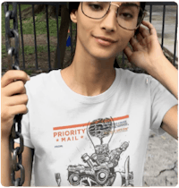 a woman wearing glasses and a t - shirt with the words priority real