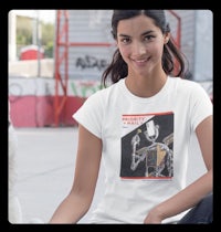 a woman wearing a t - shirt with a picture of a dog
