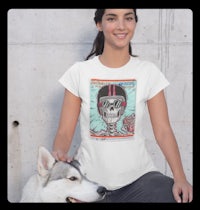 a woman with a dog and a t - shirt with a skeleton on it