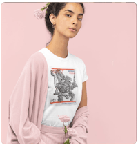 a woman wearing a t - shirt with a tarot card on it